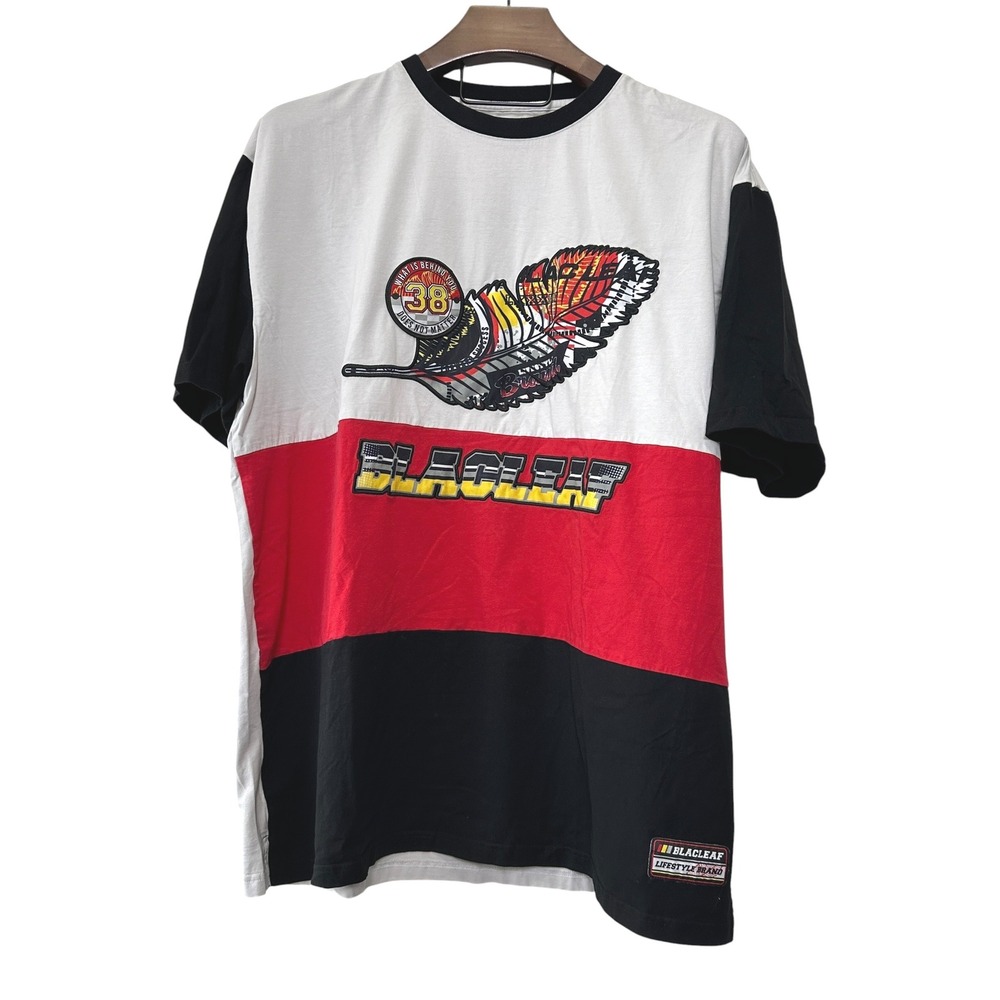 Blacleaf Mens 3XL Colorblock Graphic T-Shirt White Red Black Feather Embroidered